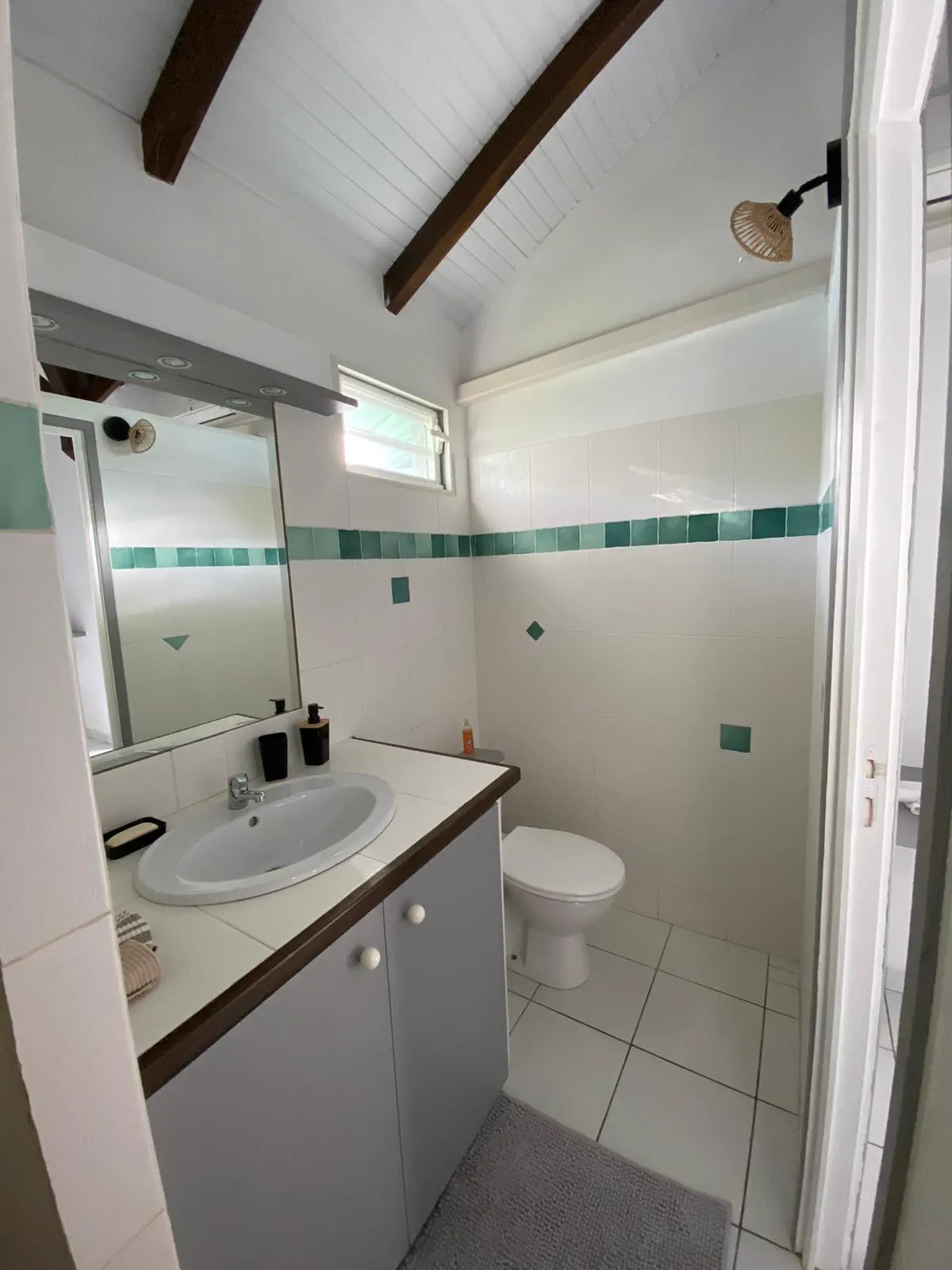 La salle d'eau privative du bungalow : lavabo, miroir et WC